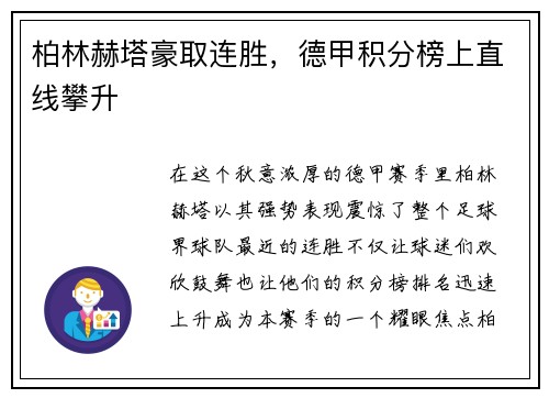柏林赫塔豪取连胜，德甲积分榜上直线攀升